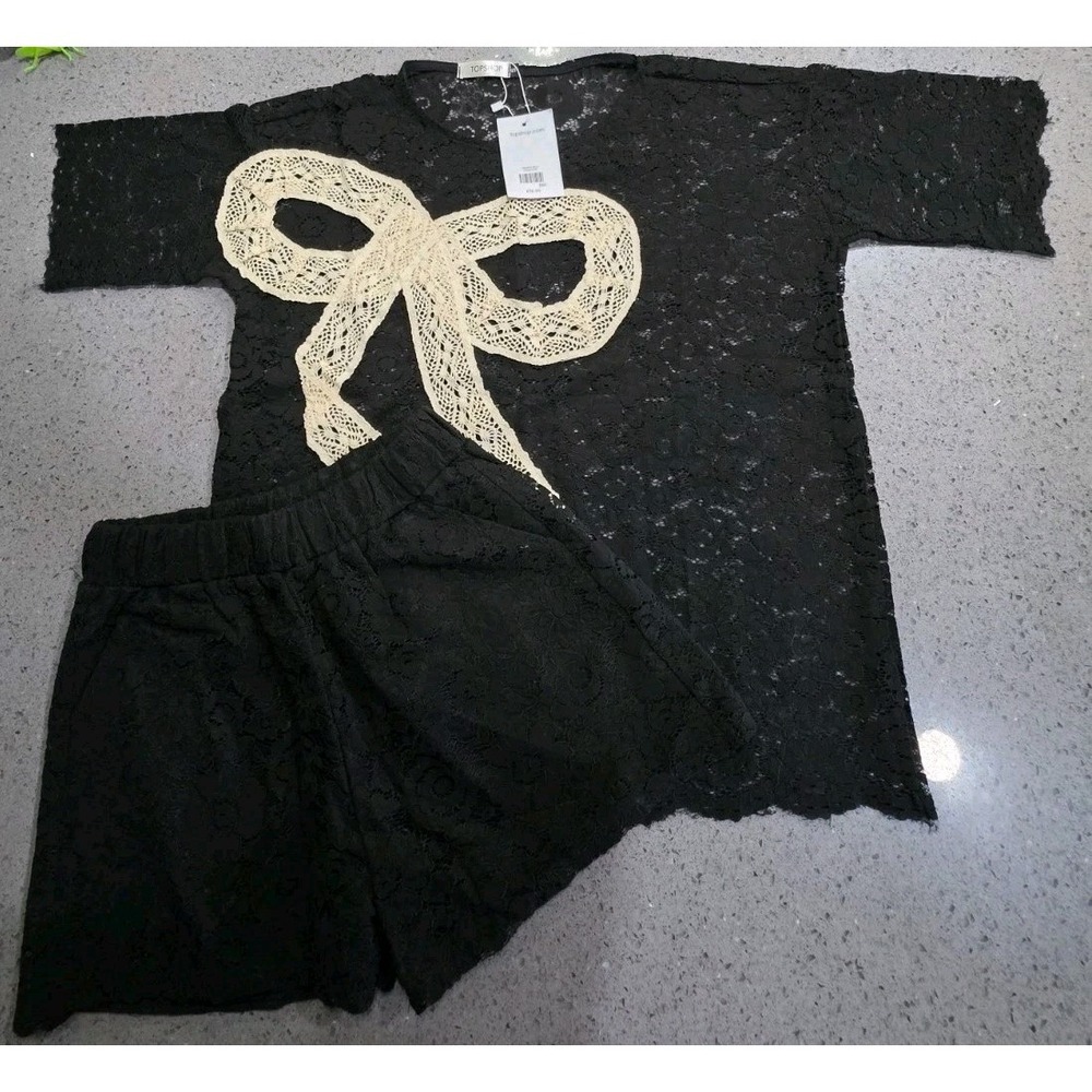 Topshop Black Lace Oversized Bow T-Shirt & Shorts Co-ord Set Size S Womens